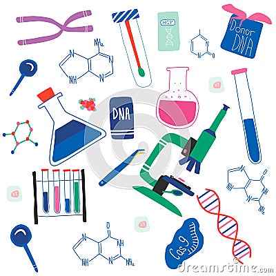 Genetic engineering and genome or gene sequencing set of isolated elements Vector Illustration
