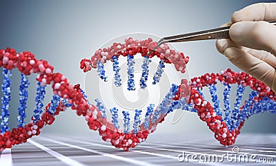 Genetic engineering, GMO and Gene manipulation concept. Hand is inserting sequence of DNA. 3D illustration of DNA Cartoon Illustration