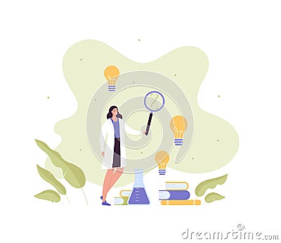 Genetic medical discovery concept. Vector flat character illustration. Dna helix biotechnology and idea lightbulb symbol. Female Vector Illustration