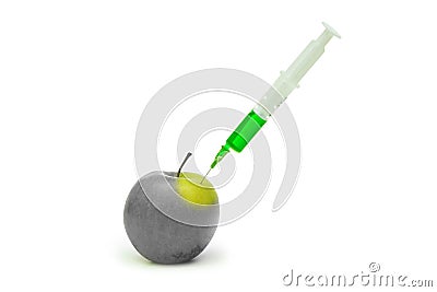 Genetic modification apple with syringe Stock Photo