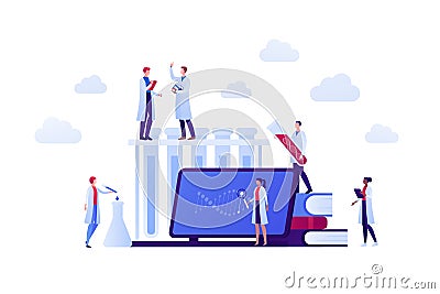 Genetic science and medicine concept. Vector flat medical person illustration. Scientist male and female team study dna sign on Vector Illustration