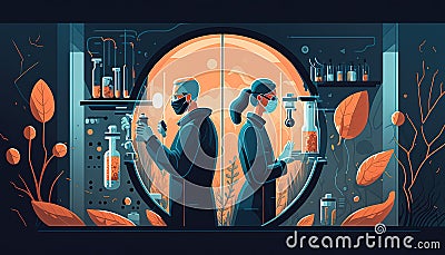 Genetic scientists working on a virus in the laboratory. Generative AI. Cartoon Illustration