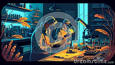 Genetic scientists working on a virus in the laboratory. Generative AI. Cartoon Illustration