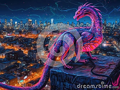 Genetically engineered dragon on graffiti wall Stock Photo
