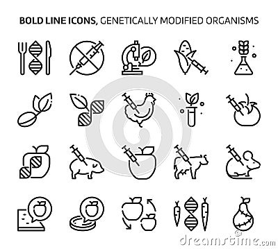 Genetically modified organisms, bold line icons Vector Illustration