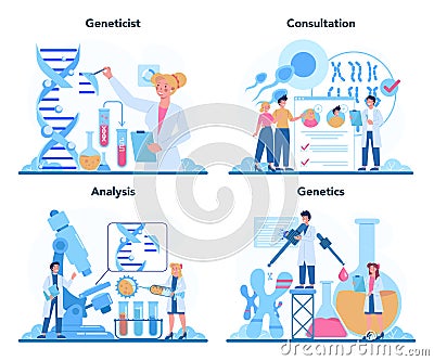 Geneticist concept set. Medicine and science technology. Scientist Vector Illustration
