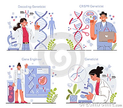 Geneticist concept set. Scientist work with DNA molecule structure. Vector Illustration