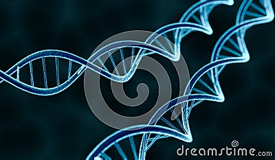 Genetics concept. Glowing DNA molecule on dark background. 3D rendered illustration Cartoon Illustration