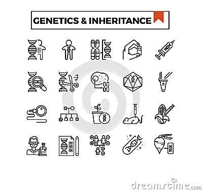 Genetics and inheritance outline design icon set. Stock Photo