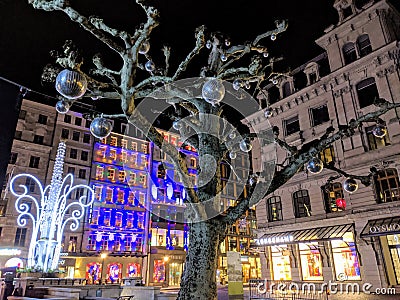 Geneva city night lights at night, Switzerland Editorial Stock Photo