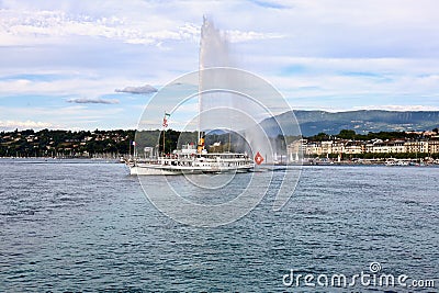 The Geneva Fountain Perfectly Timed with a Ships Funnel (Chimney) Stock Photo