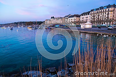 Geneva Lake shore in Geneva City after sunset Stock Photo