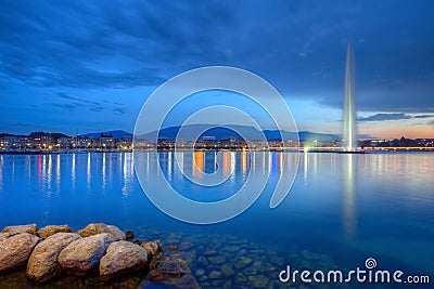 Geneva panorama with famous fountain, Switzerland Stock Photo