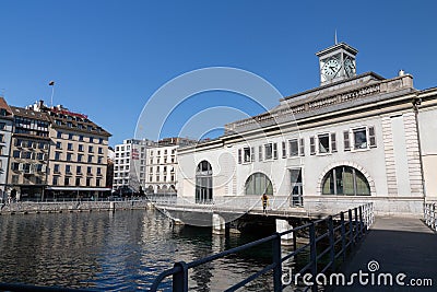 Arcades des Arts gallery on the riverside of the Rhone in Geneva, Switzerland Editorial Stock Photo