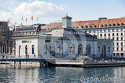 Arcades des Arts gallery on the riverside of the Rhone in Geneva, Switzerland Editorial Stock Photo