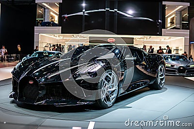 Metallic black Bugatti La Voiture Noire at Geneva International Motor Show, Dream Cars, Bugatti exhibition site Editorial Stock Photo