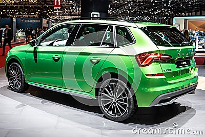 Green Skoda Kamiq at Geneva International Motor Show, MQB A0 subcompact SUV from Skoda Editorial Stock Photo