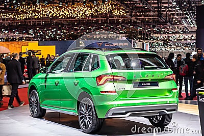 Green Skoda Kamiq at Geneva International Motor Show, MQB A0 subcompact SUV from Skoda Editorial Stock Photo