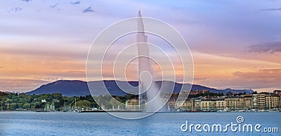 The Geneva Water Fountain in Geneva, Switzerland. Sunset. Stock Photo