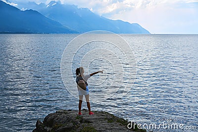 Geneve Lake Leman Geneva backpack tourist girl Stock Photo