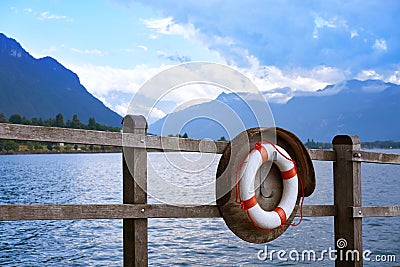 Geneve Lake Leman Geneva lifebuoy Switzerland Stock Photo