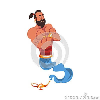 Genie Coming Out of Lamp, Oriental Arabian Fairy Tale Cartoon Character Vector Illustration Vector Illustration