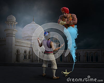 Aladdin, Genie, Lamp, Three Wishes Stock Photo