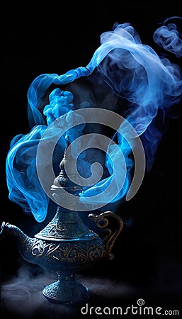 Genie from lamp in blue smoke. Fantasy fairy tale, Alladin. AI generative content Stock Photo