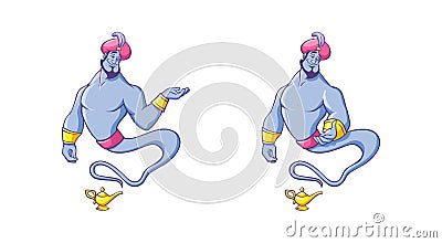 Genie from lamp. Magical character with smile in red Arabic turban gold bracelets emerges from ancient vessel. Vector Illustration