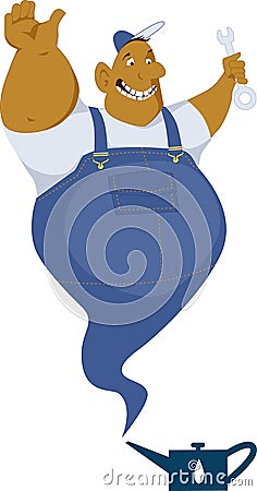 Genie mechanic coming out of an oil can Vector Illustration