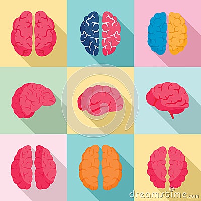 Genius brain icon set, flat style Vector Illustration