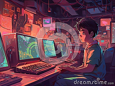 Genius Little boy as a Hacker is coding and programming on computer technology, Generative Ai Stock Photo