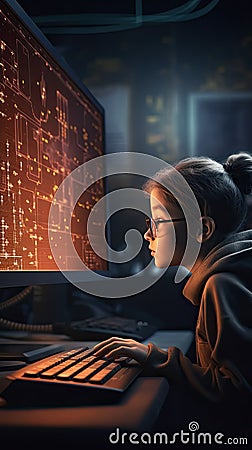 Genius Little boy as a Hacker is coding and programming on computer technology, Generative Ai Stock Photo