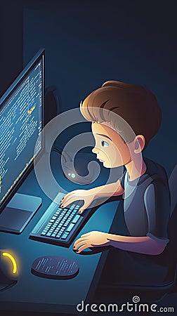 Genius Little boy as a Hacker is coding and programming on computer technology, Generative Ai Stock Photo