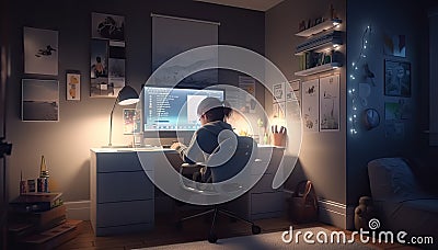 Genius Little boy as a Hacker is coding and programming on computer technology. Stock Photo