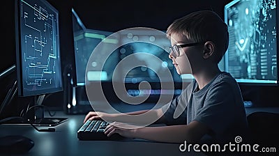 Genius Little boy as a Hacker is coding and programming on computer technology? Stock Photo
