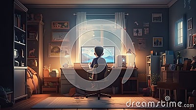 Genius Little boy as a Hacker is coding and programming on computer technology, Generative Ai Stock Photo