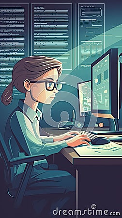 Genius Little boy as a Hacker is coding and programming on computer technology, Generative Ai Stock Photo