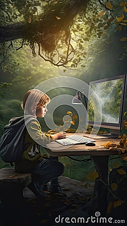 Genius Little boy as a Hacker is coding and programming on in outdoor nature environment, Generative Ai Stock Photo