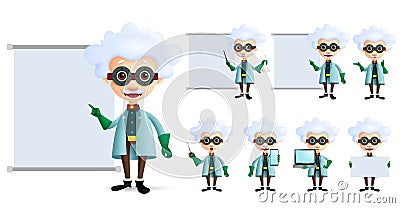 Genius scientist vector character set. Old inventor or professor teaching or showing formula and laboratory lesson Cartoon Illustration