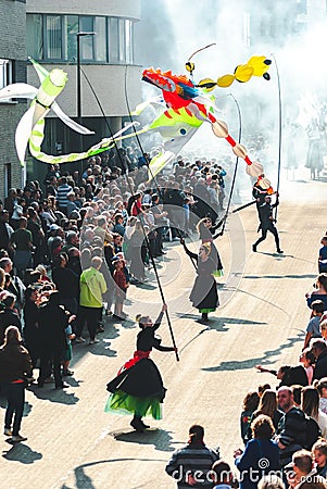 Genk, Belgium - May 1st 2019: Participants of annual O-parade passing through Grotestraat. Editorial Stock Photo