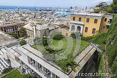 Genoa city with buildings and harbor Stock Photo