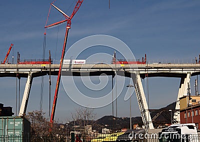Genoa 8 February 2019: Preparation work for the demolition of the Morandi bridge. Editorial Stock Photo