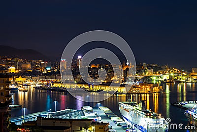 Genoa harbor landscape at night, Italy Editorial Stock Photo