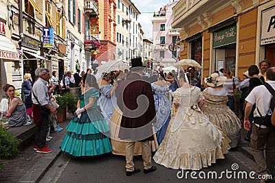 GENOA, ITALY - MAY 5 2018 - 19 century dress parade for Euroflora Exhibit in the unique scenario of the Nervi Editorial Stock Photo