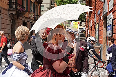 GENOA, ITALY - MAY 5 2018 - 19 century dress parade for Euroflora Exhibit in the unique scenario of the Nervi Editorial Stock Photo