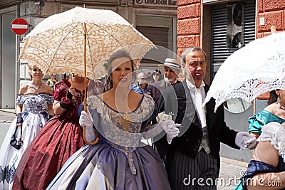 GENOA, ITALY - MAY 5 2018 - 19 century dress parade for Euroflora Exhibit in the unique scenario of the Nervi Editorial Stock Photo