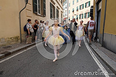 GENOA, ITALY - MAY 5 2018 - 19 century dress parade for Euroflora Exhibit in the unique scenario of the Nervi Editorial Stock Photo