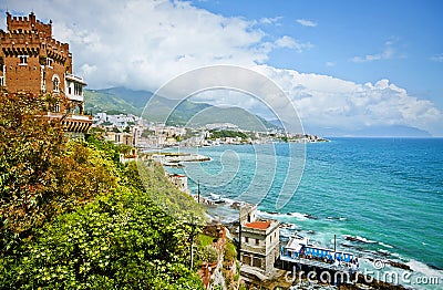 Genoa, Italy - panoramic view of city coastline on the Tigullio Editorial Stock Photo