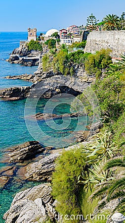 Genoa, Italy. View from the Anita Garibaldi promenade, of the sea and the coast of Nervi, on a sunny October day. Editorial Stock Photo